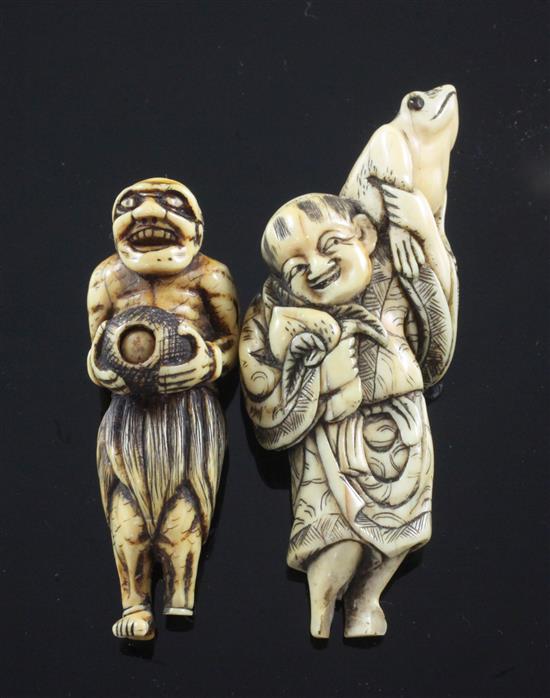 Two Japanese ivory netsuke of Sennin, 5.7cm, losses to feet
